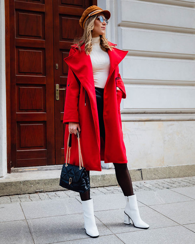 Palton lung de damă fără închizătoare, de culoare roșie – Îmbrăcăminte culoare imagine noua 2022