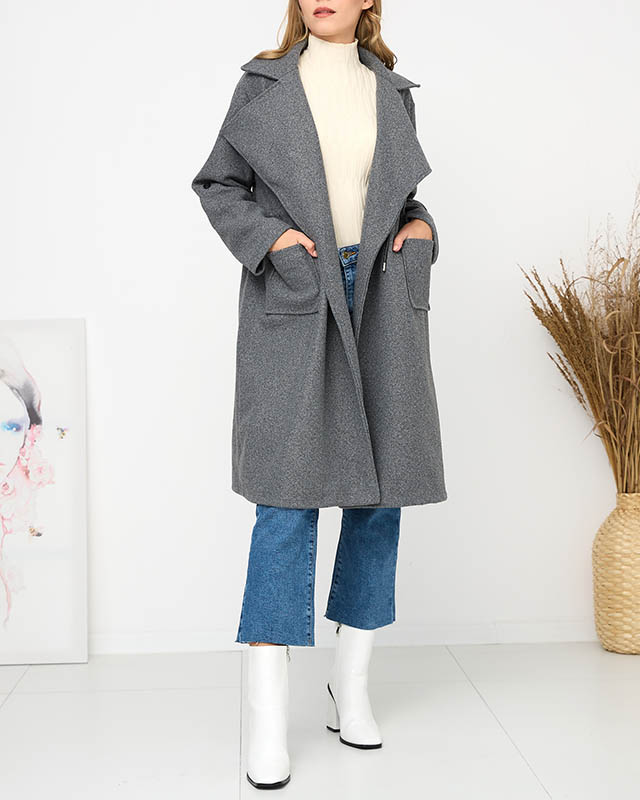 Palton lung de damă fără închizătoare, de culoare gri – Îmbrăcăminte culoare imagine noua 2022