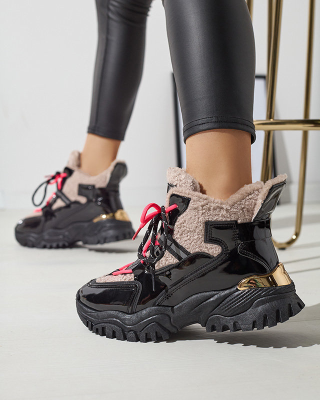 Pantofi sport de damă negri cu blană și șireturi roz neon Adbo- Footwear Adbo- imagine noua 2022