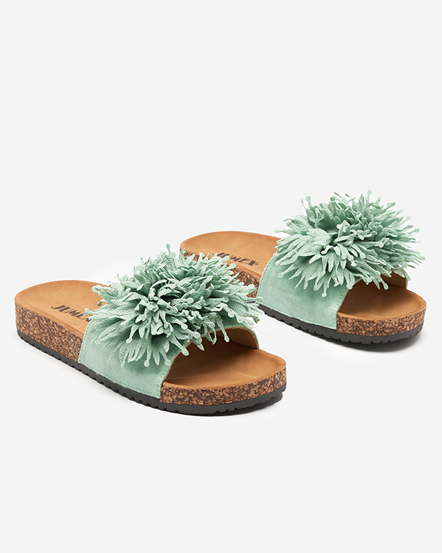 Papuci de damă cu ornament de țesătură verde Ailli- Încălțăminte Ailli- imagine noua 2022
