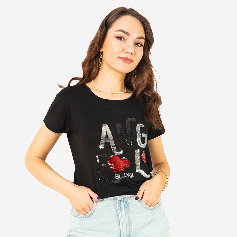 Tricou de dama negru cu inscriptie din paiete - Imbracaminte