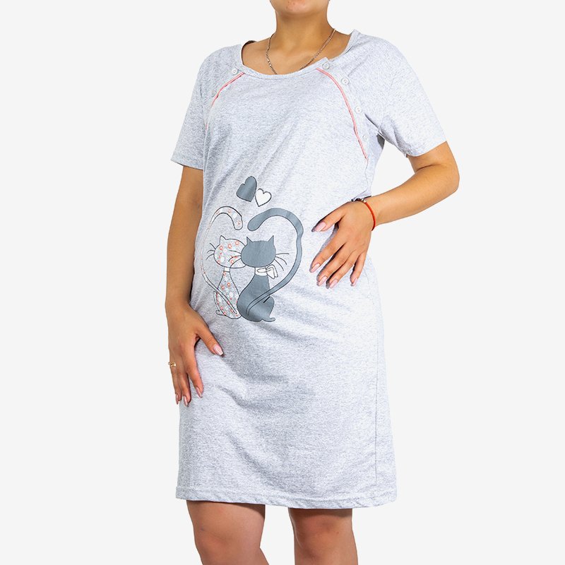 Cămașă de noapte gri de maternitate și alăptare cu imprimeu - Îmbrăcăminte