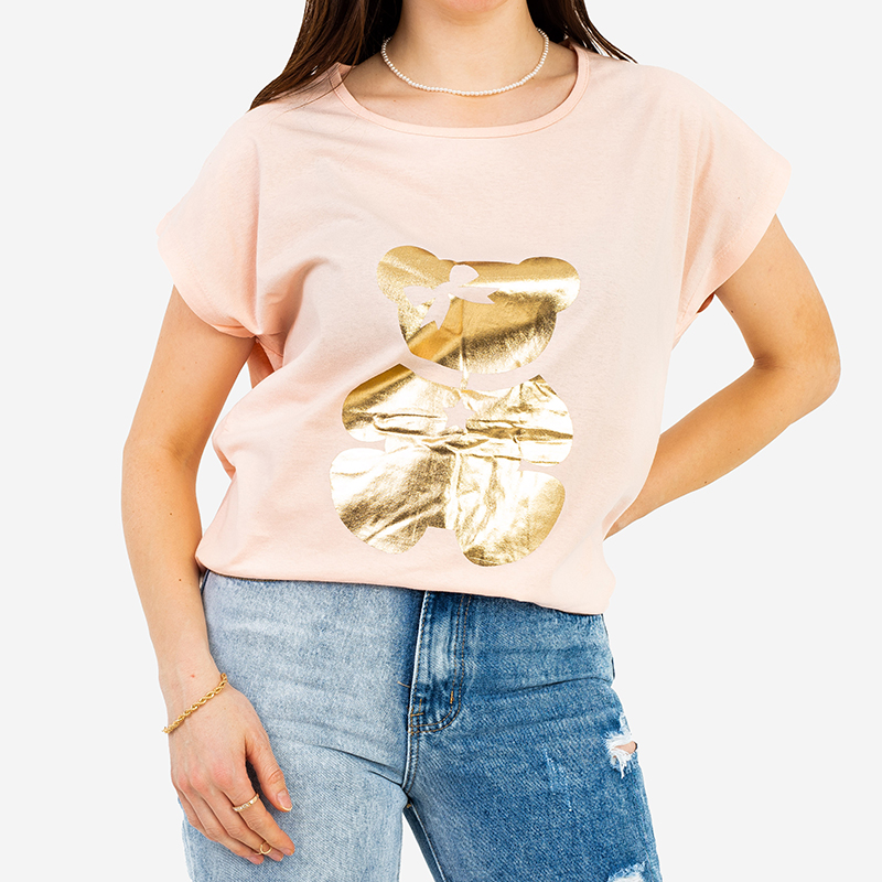 Tricou portocaliu de damă cu imprimeu auriu de ursuleț de pluș – Îmbrăcăminte imagine noua 2022