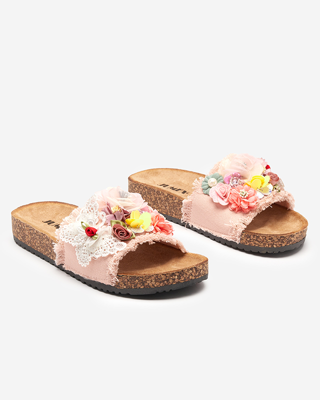 Papuci de dama cu flori din stofa in roz Ososi- Incaltaminte Dama imagine noua 2022