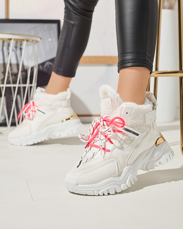 Pantofi sport de damă albi cu blană și șireturi roz neon Sagglo- Footwear albi imagine noua 2022