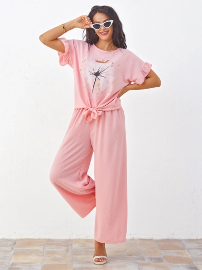Royalfashion Set casual pentru femei, cu bluză cu mânecă scurtă și pantaloni largi