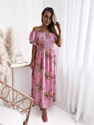 Rochie midi roz de damă cu model floral - Îmbrăcăminte