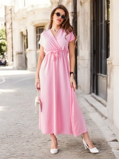 Rochie midi pentru femei Royalfashion cu decolteu înfășurat, mâneci scurte și un centură