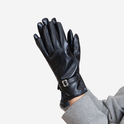 Mănuși clasice de damă din piele ecologică, negre, cu cataramă - Accesorii