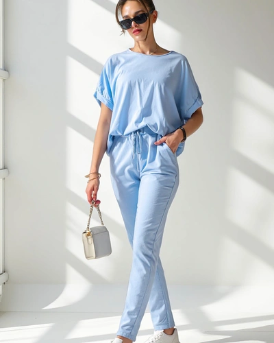 Royalfashion Set de bumbac pentru femei cu mâneci scurte și pantaloni drepti