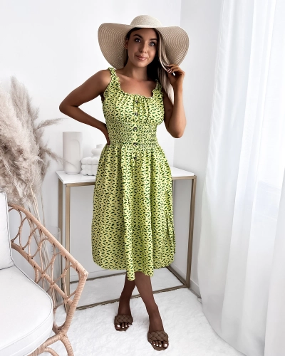 Rochie de damă lungă până la genunchi cu imprimeu în verde- Îmbrăcăminte