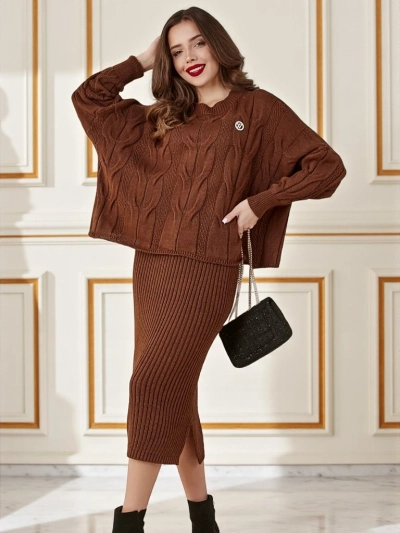 Royalfashion Set de femei împletit din acril cu pulover și fustă Warm&Fuzzy