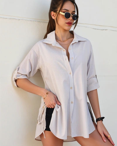 Royalfashion Cămașă din bumbac cu dungi pentru femei, mai lungă, cu unghi la talie
