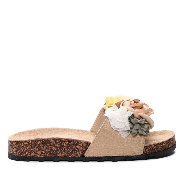 Beżowe klapki z kwiatkami Leslie- Obuwie