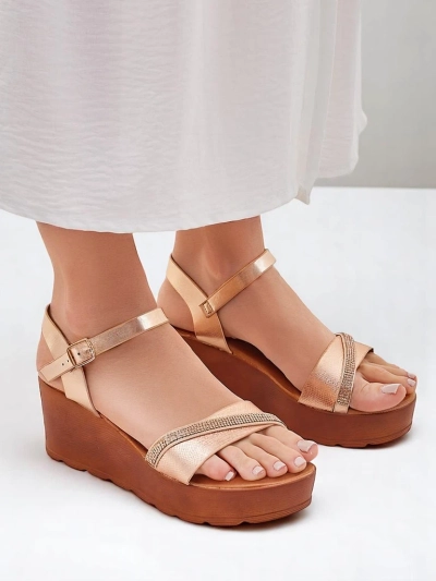 Sandale cu wedge Royalfashion pentru femei, cu strassuri și sclipici Aurora Glow