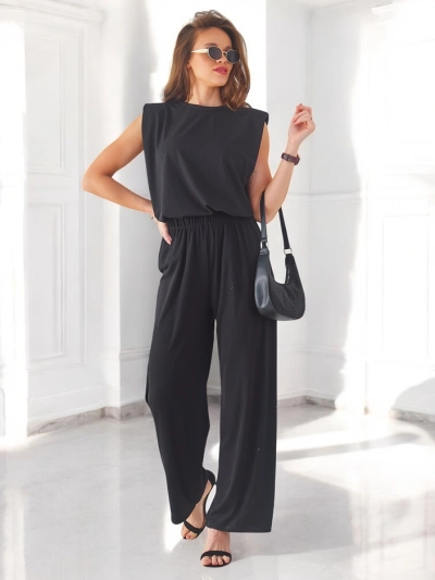 Set din viscoză ribbed pentru femei Royalfashion, fără mâneci și cu pantaloni evazați.