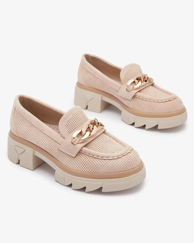Mocasini din piele ecologică cu decor auriu, bej Zaffix- Footwear
