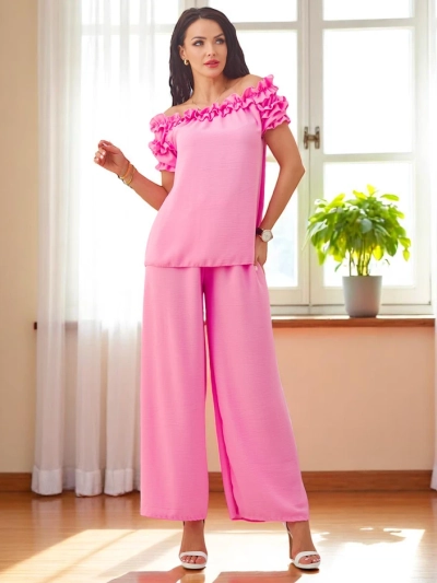 Royalfashion Set de femei cu bluză cu mâneci scurte, off-the-shoulder și decolteu decorativ, și pantaloni evazați