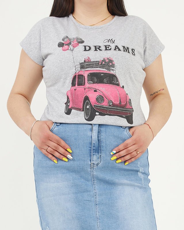 Tricou dama gri cu imprimeu MY DREAMS PLUS SIZE - Imbracaminte