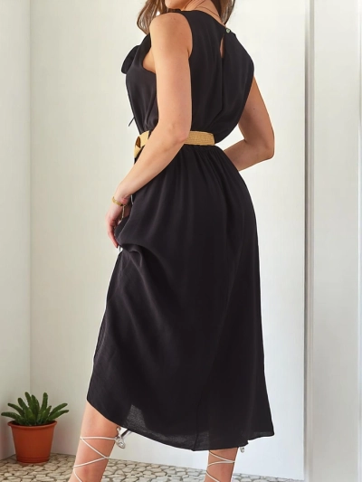 Rochie midi pentru femei Royalfashion cu bretele, având un decolteu rotund cu o floare decorativă