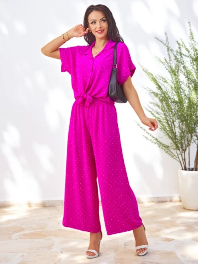 Royalfashion Set femei cu cămașă cu mânecă scurtă legată și pantaloni evazați cu strassuri