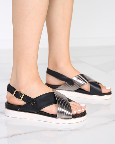 OUTLET Sandale de dama negre cu centura argintie Gerii- Pantofi