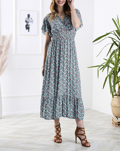 Rochie midi florală de damă, de culoare albastră- Îmbrăcăminte
