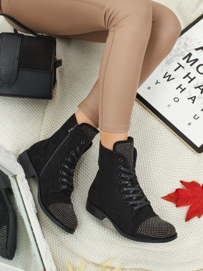 Botine de damă cu șireturi din piele ecologică întoarsă cu zirconiu Marvelli