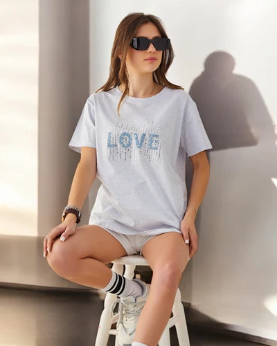 Royalfashion Tricou din bumbac pentru femei LOVE cu strassuri