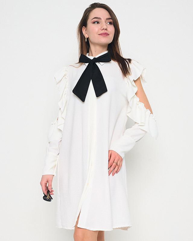 Rochie albă stil cămașă cu volane și fundă - Îmbrăcăminte