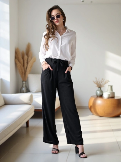 Royalfashion Pantaloni largi pentru femei cu o curea