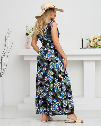 Rochie maxi dama neagra cu flori albastre - Imbracaminte