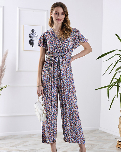 Salopetă lungă pentru femei, albastră, cu flori roz - Îmbrăcăminte