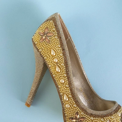 OUTLET Pompă de brocart pentru femei de aur, cu zirconii și perle Gitana - pantofi