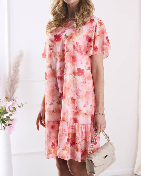 Rochie de damă până la genunchi cu imprimeu și volane în portocaliu- Îmbrăcăminte