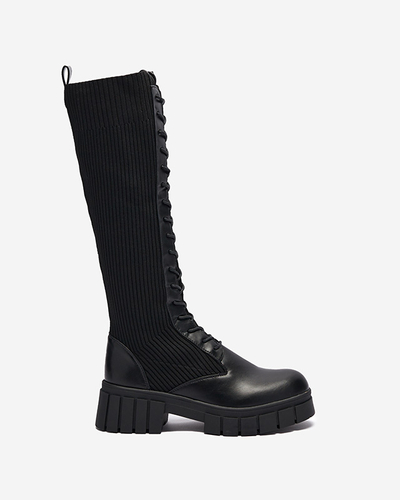 Cizme până la genunchi pentru femei cu șireturi, negre Assala- Footwear