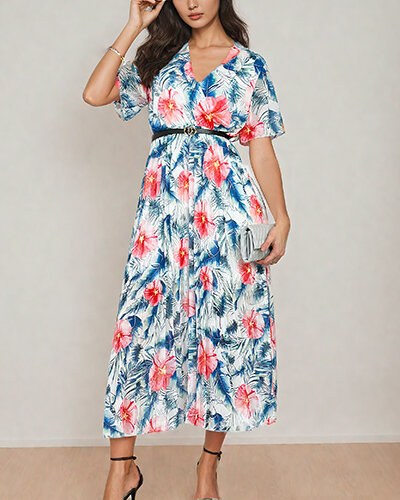 Royalfashion Rochie midi plisată cu motive florale pentru femei