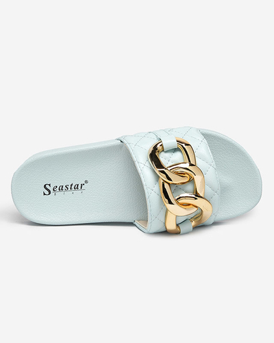 OUTLET Papuci de dama albastri matlasati cu lant auriu Eteris - Incaltaminte