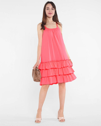 Rochie de dama roz neon pe bretele cu volane - Imbracaminte