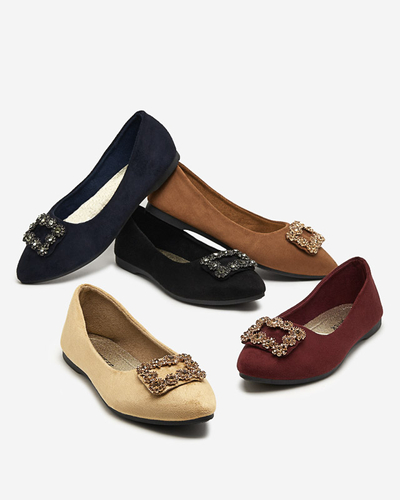 Balerini de dama din piele intoarsa ecologica albastru bleumarin cu ornament Linselisa - Pantofi