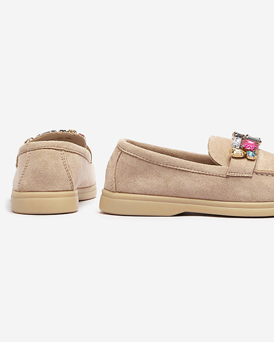 Mocasini pentru femei din piele de căprioară ecologică maro deschis cu cristale decorative Nellens- Footwear