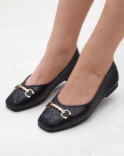 Balerini negri de damă traforați cu ornament auriu Serilla- Footwear