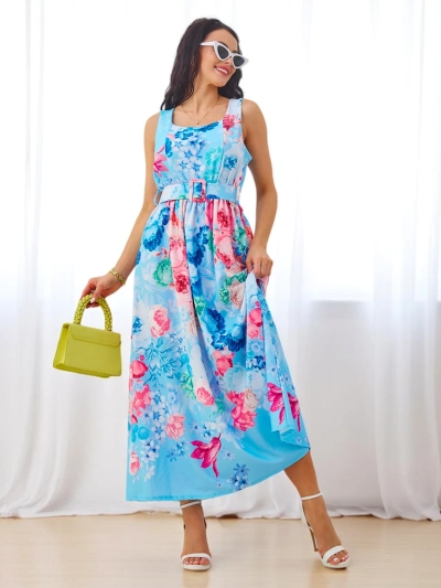 Rochie midi din viscoză pentru femei cu bretele, având un centură în diferite modele florale