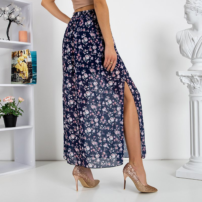 Fustă lungă albastru marin cu model floral - Îmbrăcăminte