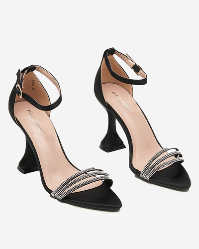 Sandale de dama negre pe toc inalt cu zirconiu cubic decorativ Manestri - Incaltaminte