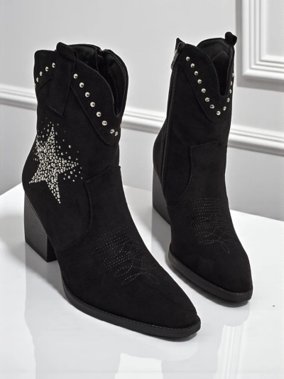Botine cowboy de damă cu toc și stea decorativă cu zirconii FableStray