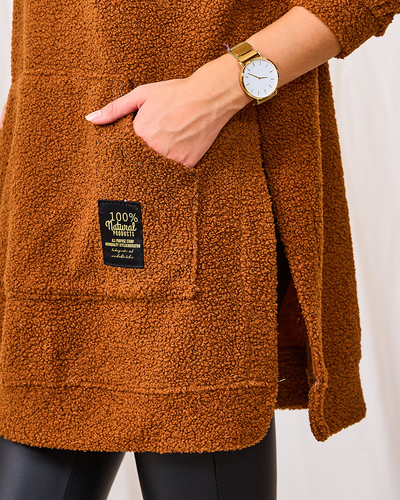 Royalfashion Camel Pulover lung pentru femei cu glugă