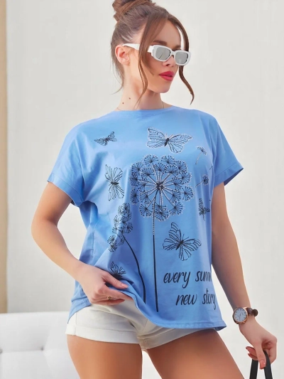 T-shirt din bumbac pentru femei Royalfashion cu papadii și un fluture