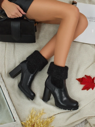 Botine de damă din piele ecologică cu toc gros și tricot Tirave