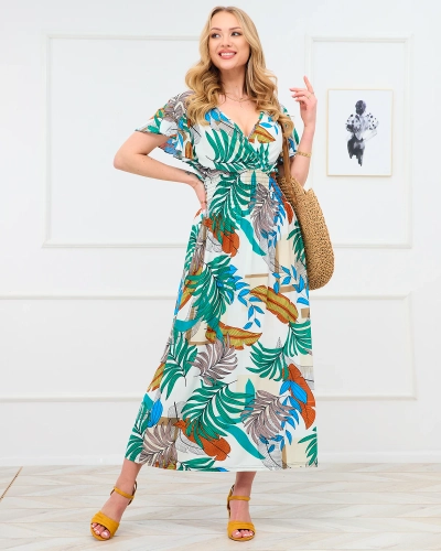 Rochie lungă albă de damă cu model floral colorat - Îmbrăcăminte
